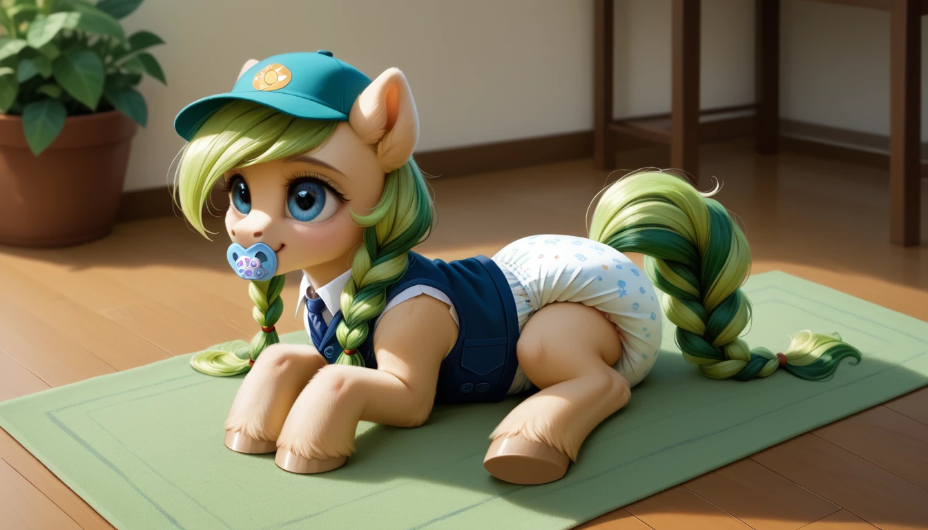 pony, бежевая земная pony, no horn, no wings, adult filly, lush mane braided, bushy tail, Blue eyes, sitting on a soft play mat, dressed in a vest, cap and booties, pacifier in mouth, solo, thick diaper under clothes.