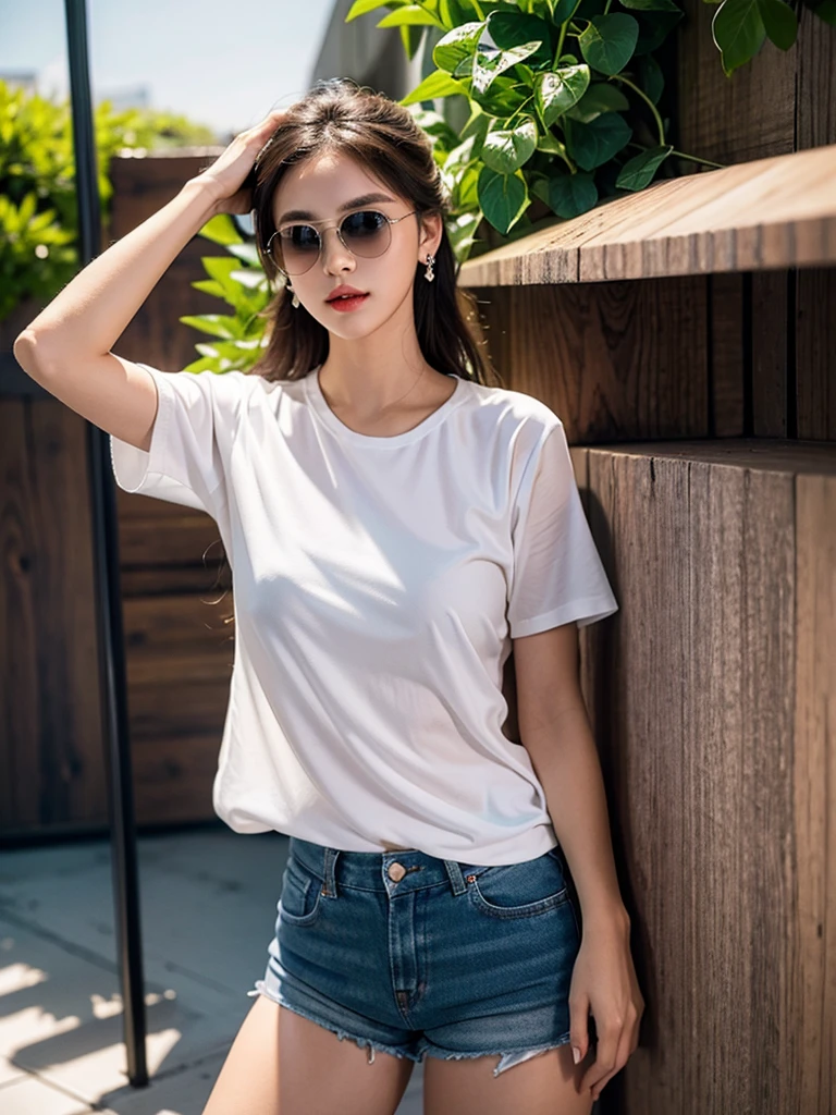 High resolution,masterpiece,One Girl,Beautiful woman,At the festival venue,Wear white short sleeves,Wear white shorts,Wear silver earrings,Wear brown sunglasses