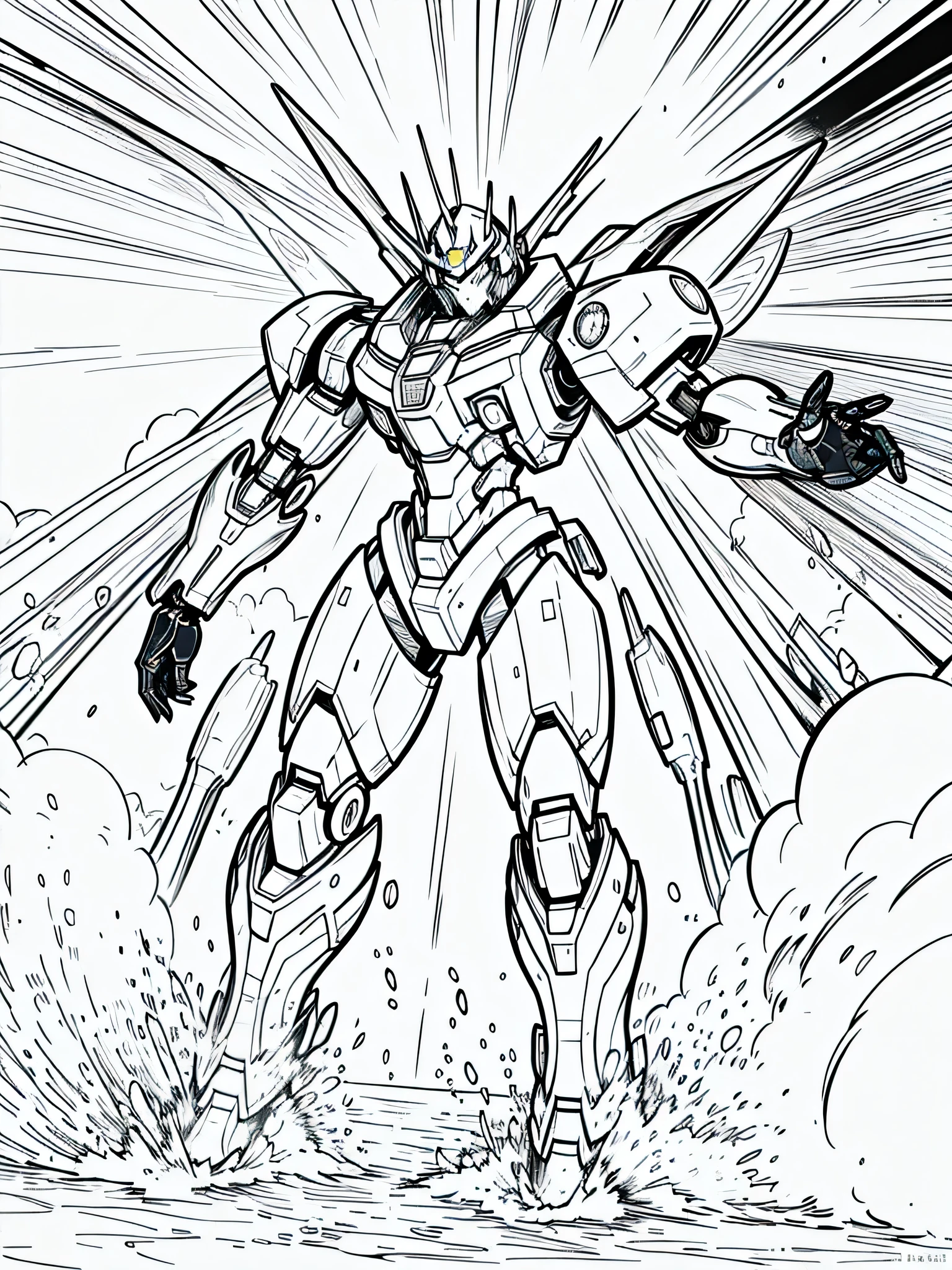 masterpiece, Best Quality, a flying mecha, closeup Line art, monochrome, clean lines, black and white, his summer, coloring book page,