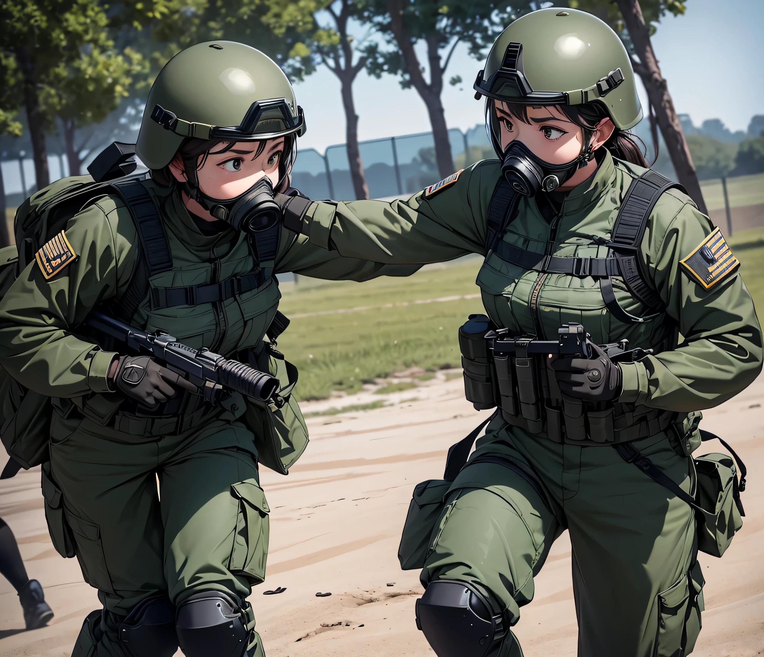 A group of female special forces soldiers training in hand-to-hand combat、All in dark green military uniforms、Wear a steel helmet、Wear goggles、wearing gas masks、Knee pads、Write details,、masterpiece,、best quality,、Highly detailed CG、8K quality