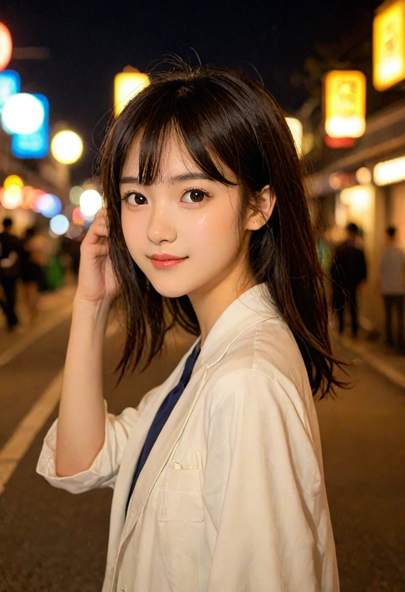 score_9, score_8_up, score_7_up, 1girl, japanese girl, cute, kawaii, beautiful face, perfect face, perfect body, light smile, girl wearing formal suits, detailed eyes, shiny skin, waking, looking at viewer, small breasts, skinny, from behind, depth of field, simple background, tokyo street, outdoors, night, night sky, jpn-girl, extremely detailed, professional lighting