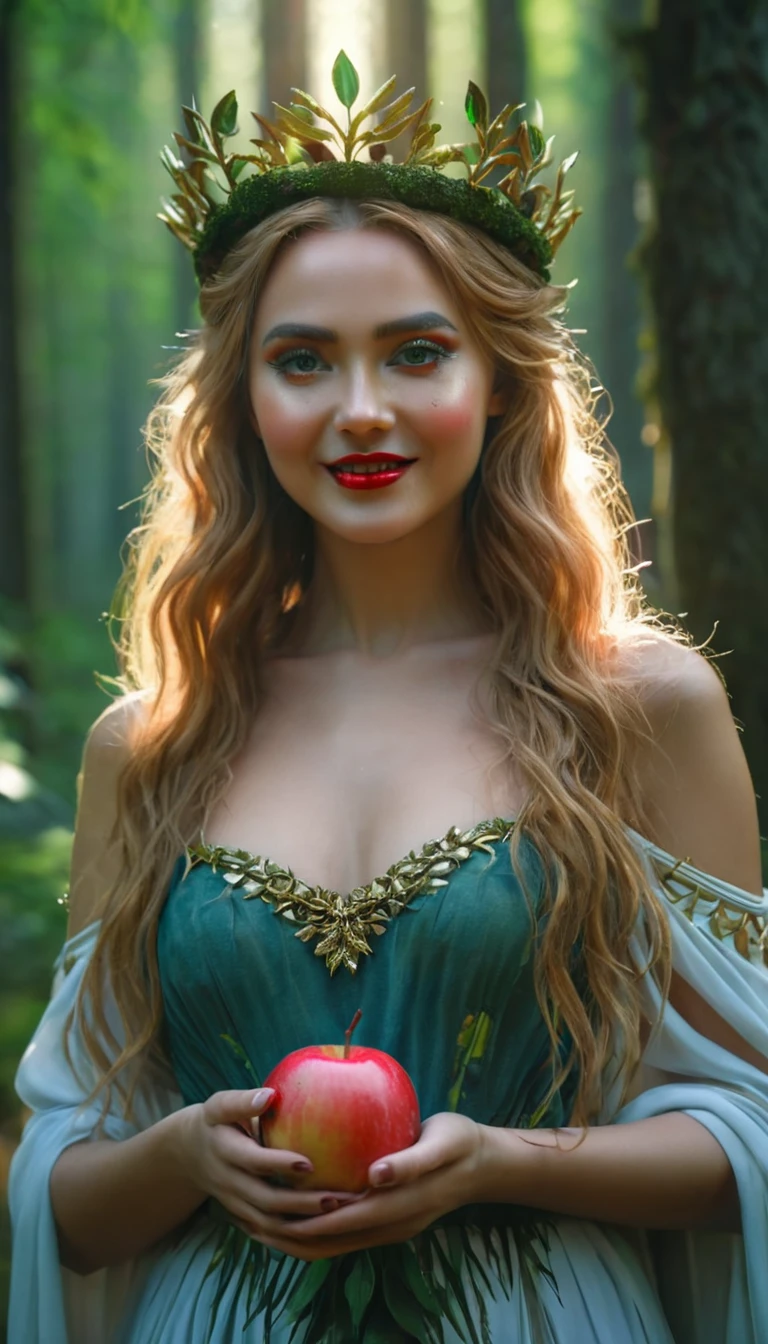 Close-up of an extremely beautiful girl's face, a divine face, holding a red apple in her hand, in a bright forest. The girl is very beautiful, dressed as a forest goddess, with bright, holy, smiling eyes, fair skin, high-end makeup, golden hair, wearing a platinum crown. Cinematic light, high detail, 8k, artstation, conceptual art, dark fantasy. Photo taken with Canon EOS R5 85mm f/11 camera, ((sharp)) mode of people and surrounding scenery. Image quality ((8K)), ((realistic)), ((masterpiece)), ((sharpest and highest contrast)), ((excellent depth of field)), ((stereoscopic lighting)). ((The sun illuminates the girl's face, highlighting the stunning beauty of a forest goddess)), ((close-up of only the face))