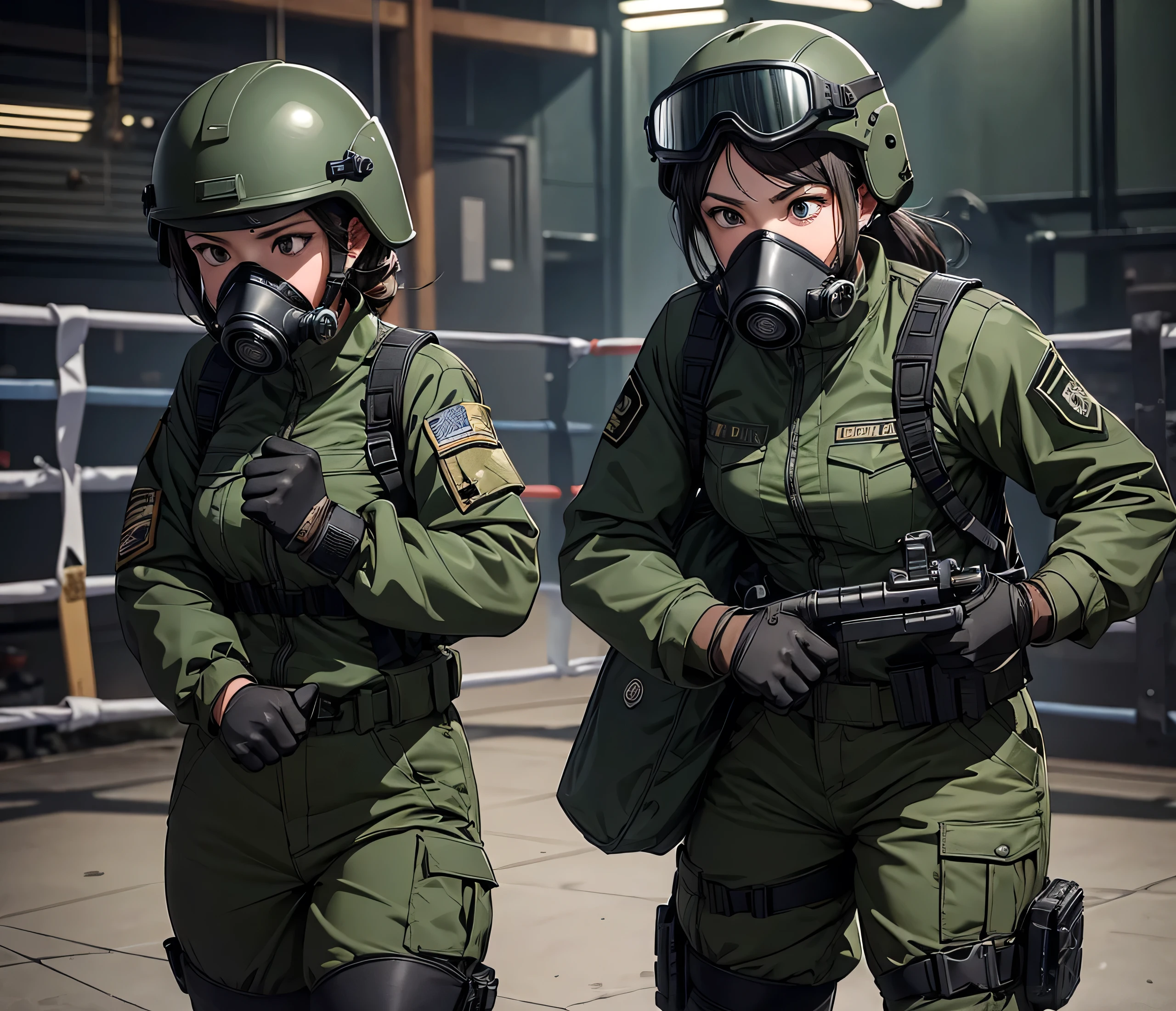 A group of female special forces boxing、All in dark green military uniforms、Wear a steel helmet、Wear goggles、wearing gas masks、Knee pads、Write details,、masterpiece,、best quality,、Highly detailed CG、8K quality
