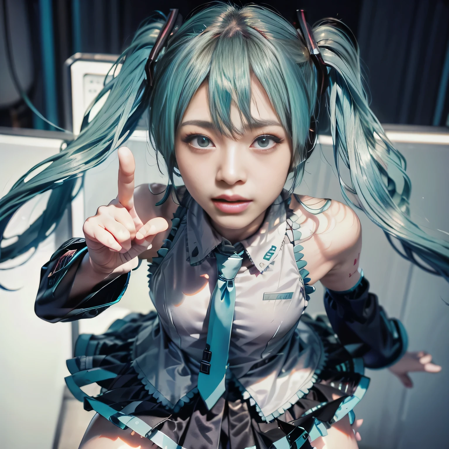 hatsune miku, (1 girl:1.3), Full Body Shot, Dynamic posing:1.6, Dancing, Japanese women,  supermodel, Skinny body, (Anatomically correct proportions:1.37), high school girl, (Highest quality:1.4), 32K resolution, (Realistic:1.5), (超Realistic:1.5), High resolution UHD:1.5, (masterpiece:1.2)), (Improvement of quality:1.4), (Very beautiful facial details), (Highest quality realistic skin texture:1.4), (Perfect Anatomy:1.2), (miku hatsune:1.2), (((hatsune mikuのコスチューム:1.37))), PVC knee-high socks, Does not emphasize the bust top, ((In a cyberpunk music studio:1.5)), Accurate Fingers, Symmetrical and accurate depiction of eyes:1.37, Staring at the audience:1.21, Natural Makeup, (((Incredible resolution for clear, high-quality images)), (Realistic eyes), perfectly round eyes, Detailed pupil, (Blue eyes:1.37), (pink_lipstick:0.9), (Very intricate details:1.2), (Detailed and accurate nose:1.21), (tired, Sleepy and satisfied:0.0), (Correctly drawn beautiful lips:1.21), (Flat Chest:1.37), (Slim lower body), Long blue hair blowing in the wind, (Twin tail hair:1.37), Let your bangs hang long, Confident face, Spectacular and inspiring cinema lighting