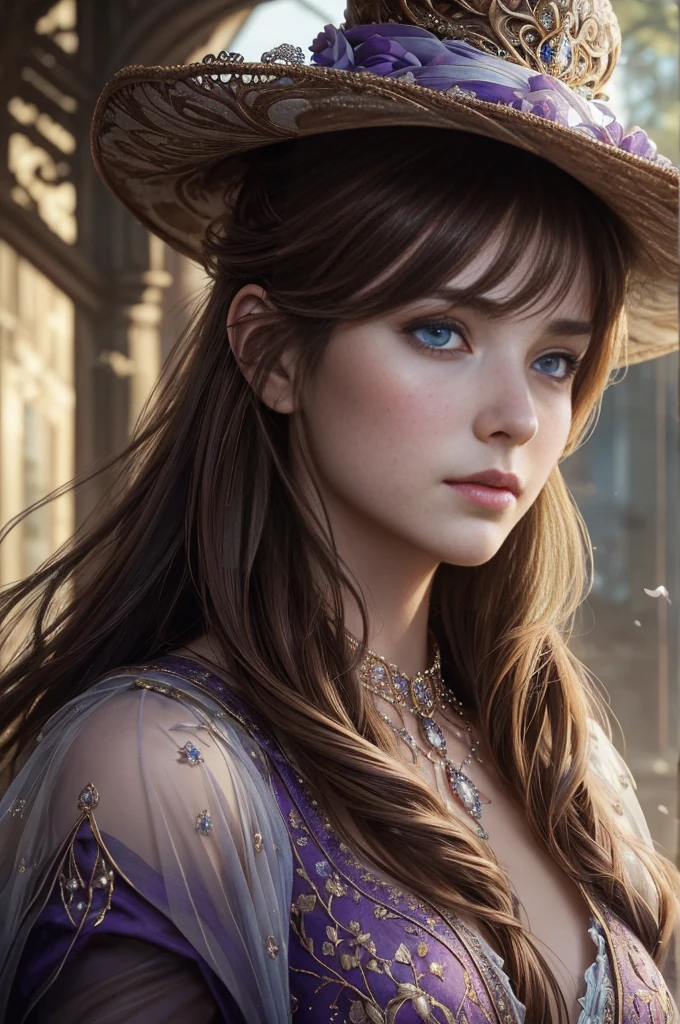 (by Greg Rutkowski: 1.2), ((masterpiece, best quality)), extremely delicate and beautiful, illustration, highly detailed face and body. ((Dynamic bust of beautiful aristocratic maiden，Brown chestnut hair elegantly coiled，Wearing a huge blue hat，Purple clear eyes，The hair is covered with beautiful and delicate floral craftsmanship, Crystal jewelry filigree)), ((Heavy clothing, Very warm clothes)), cool face, captivating gaze, HD. elegance. photorealism. Unreal engine. From Brian Froud and Carne Griffiths and Wadim Kashin and John William Waterhouse, 8K post-production, high resolution, hyperdetailed, depth of field, HDR, intricate