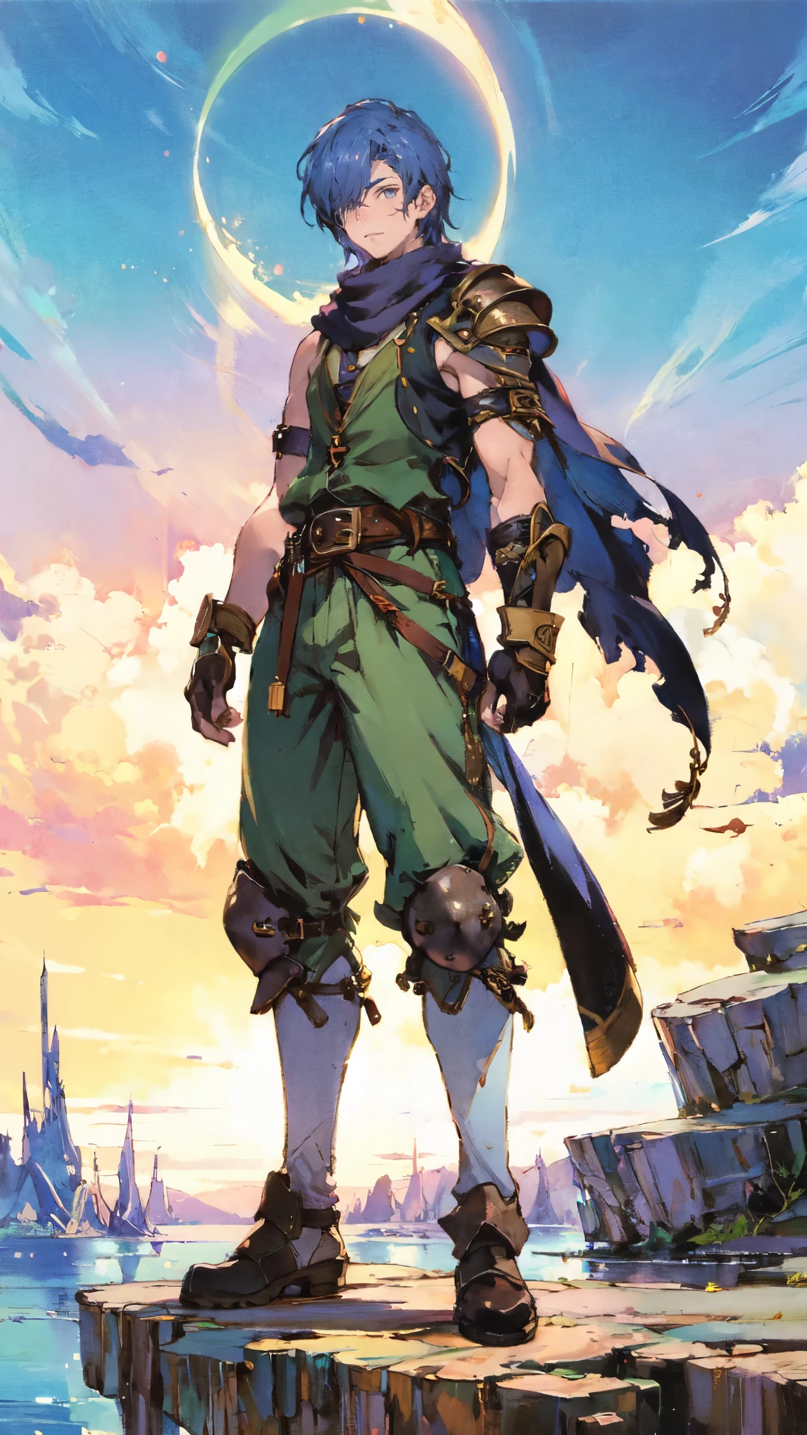 (masterpiece:1.2, best quality:1.2, extremely delicate:1.2), ((male:1.5)), a young man with short blue-purple hair, side-swept bangs covering one eye, a confident expression, a scar on the bridge of his nose, a slight smile on his lips, a dark green scarf around his neck, a fantasy-reality style rogue outfit, an open dark short vest, a layered futuristic tight armor underneath that emits a silver-blue glow, small fitted shoulder armor, matching arm guards and shin guards, a two-piece leather belt at his waist, layered canvas trousers, tall boots, he holds a serrated blade horizontally behind him with his raised right hand, standing imposingly on a windy and sandy hillside, this character embodies a finely crafted fantasy-reality-style rogue in anime style, exquisite and mature manga art style, dramatic, high definition, highres, ultra-detailed, ultra-fine painting, professional, perfect body proportions, golden ratio, anatomically correct, symmetrical face, extremely detailed eyes and face, high quality eyes, creativity, RAW photo, UHD, 32k, Natural light, cinematic lighting, (masterpiece-anatomy-perfect:1.2)