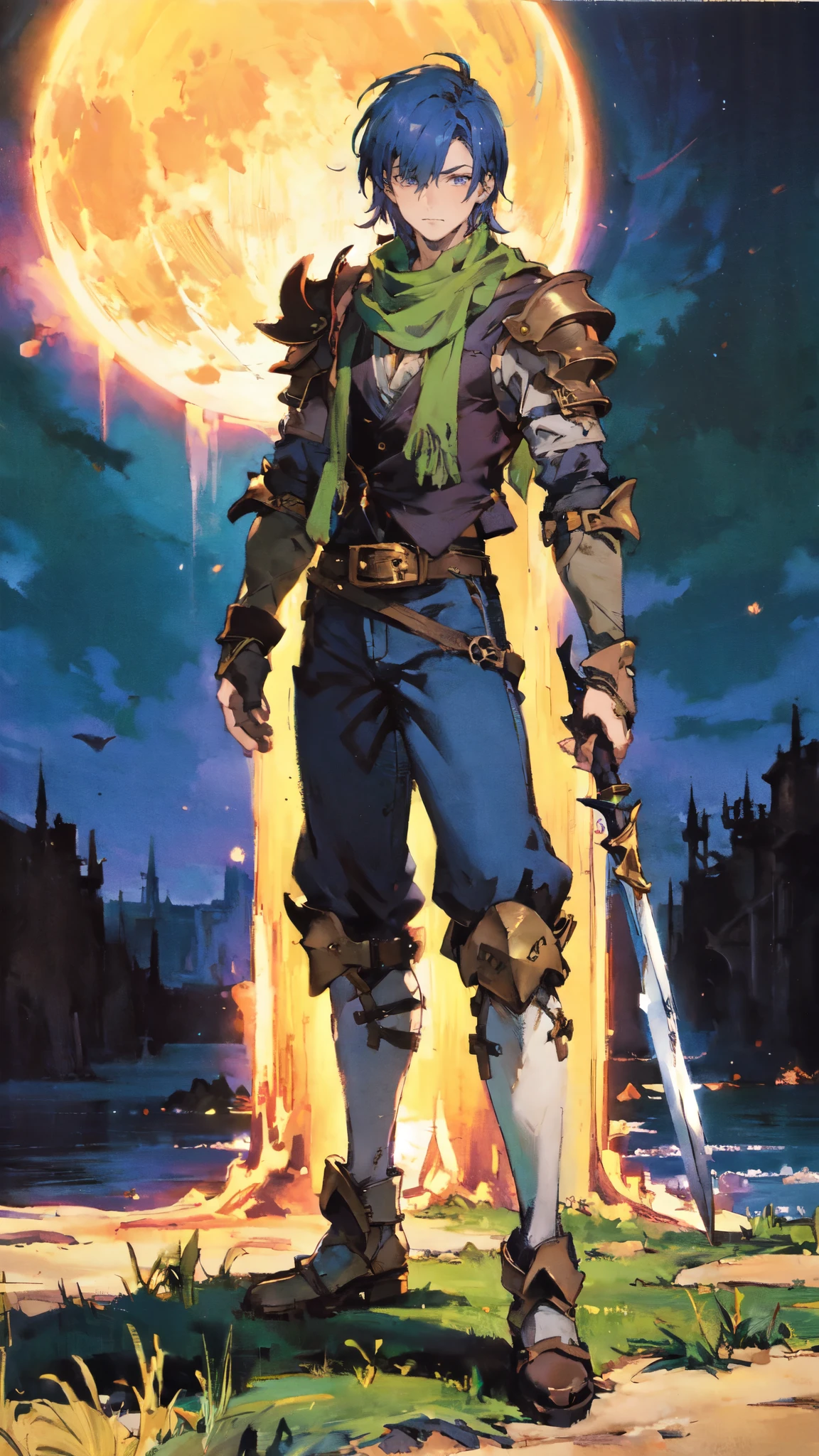 (masterpiece:1.2, best quality:1.2, extremely delicate:1.2), ((male:1.5)), a young man with short blue-purple hair, side-swept bangs covering one eye, a confident expression, a scar on the bridge of his nose, a slight smile on his lips, a dark green scarf around his neck, a fantasy-reality style rogue outfit, an open dark short vest, a layered futuristic tight armor underneath that emits a silver-blue glow, small fitted shoulder armor, matching arm guards and shin guards, a two-piece leather belt at his waist, layered canvas trousers, tall boots, he holds a serrated blade horizontally behind him with his raised right hand, standing imposingly on a windy and sandy hillside, this character embodies a finely crafted fantasy-reality-style rogue in anime style, exquisite and mature manga art style, dramatic, high definition, highres, ultra-detailed, ultra-fine painting, professional, perfect body proportions, golden ratio, anatomically correct, symmetrical face, extremely detailed eyes and face, high quality eyes, creativity, RAW photo, UHD, 32k, Natural light, cinematic lighting, (masterpiece-anatomy-perfect:1.2)