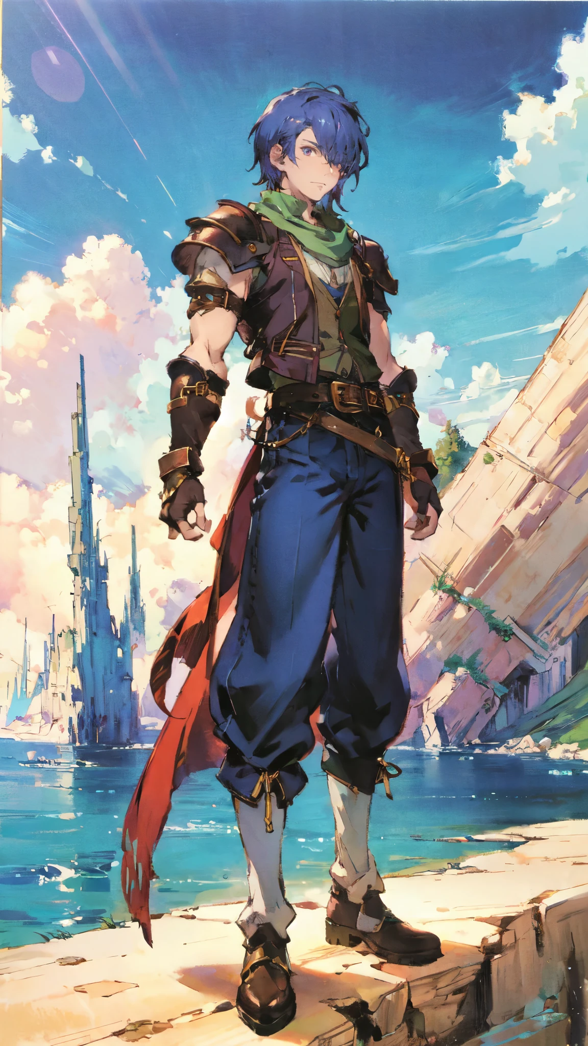 (masterpiece:1.2, best quality:1.2, extremely delicate:1.2), ((male:1.5)), a young man with short blue-purple hair, side-swept bangs covering one eye, a confident expression, a scar on the bridge of his nose, a slight smile on his lips, a dark green scarf around his neck, a fantasy-reality style rogue outfit, an open dark short vest, a layered futuristic tight armor underneath that emits a silver-blue glow, small fitted shoulder armor, matching arm guards and shin guards, a two-piece leather belt at his waist, layered canvas trousers, tall boots, he holds a serrated blade horizontally behind him with his raised right hand, standing imposingly on a windy and sandy hillside, this character embodies a finely crafted fantasy-reality-style rogue in anime style, exquisite and mature manga art style, dramatic, high definition, highres, ultra-detailed, ultra-fine painting, professional, perfect body proportions, golden ratio, anatomically correct, symmetrical face, extremely detailed eyes and face, high quality eyes, creativity, RAW photo, UHD, 32k, Natural light, cinematic lighting, (masterpiece-anatomy-perfect:1.2)