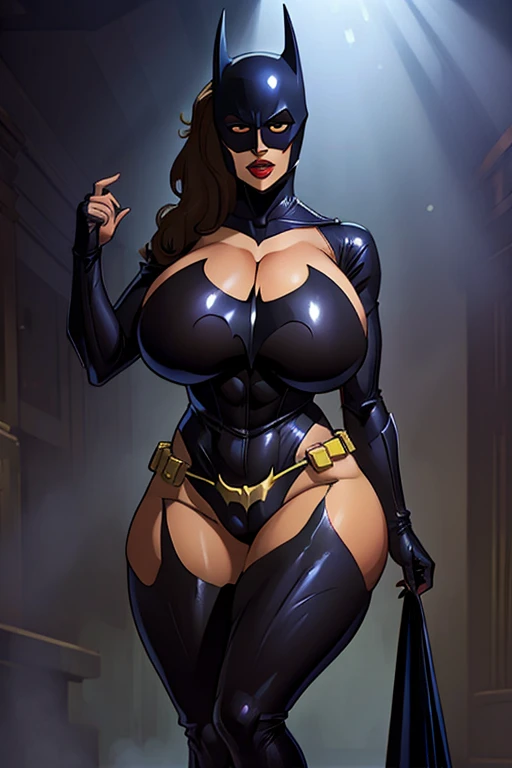 Batman transformed into a docile sexy female bimbo with huge breasts and thick lips