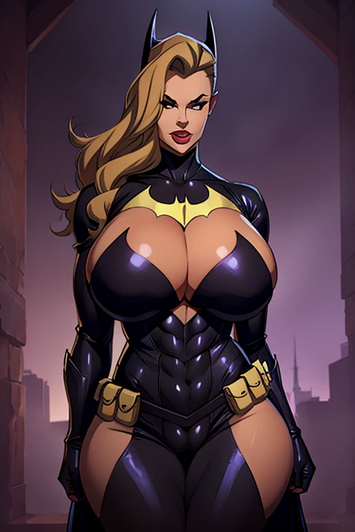 Batman transformed into a docile sexy female bimbo with huge breasts and thick lips