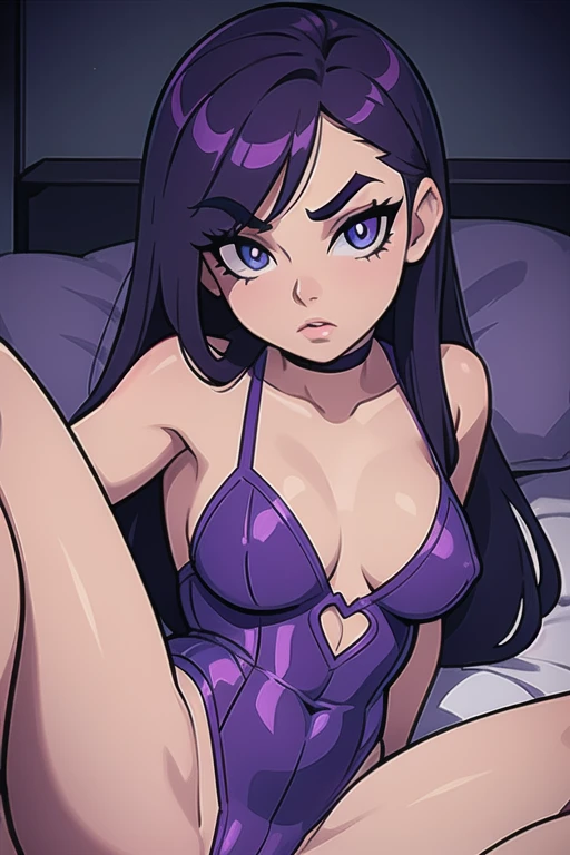 a teenage girl in a dark purple leotard, detailed face, beautiful eyes and lips, long eyelashes, lying in bed, Teen Titans Go art style, cinematic lighting, hyper detailed, 8k, photorealistic, intricate details, moody atmosphere, dramatic shadows