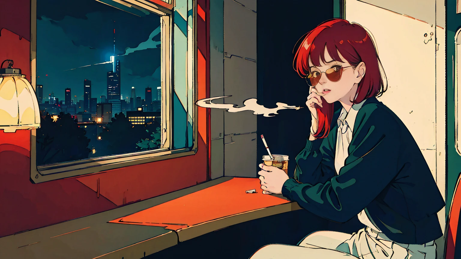 beautiful asian girl with red hair sitting in a diner at night, seen through a window, perfect face, sunglasses, smoking a white tailor made cigarette, NeonNoir, (backlit: 1.1), hard shadow, masterpiece, best quality, Intricate, modelshoot style, vintage, film grain, Incomplete details drive,citypop,cassettetape
