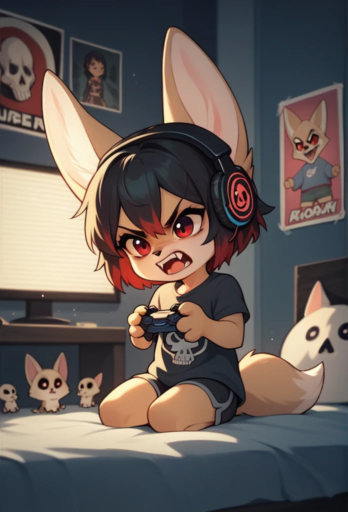 Fennec fox, cute girl, ???, chibi, 4 fingers, short hair, black hair with red highlights, red eyes, fangs, headphones, listening songs, smirk, in the bedroom, black walls, rock posters, skull posters, night, low lighting, alone