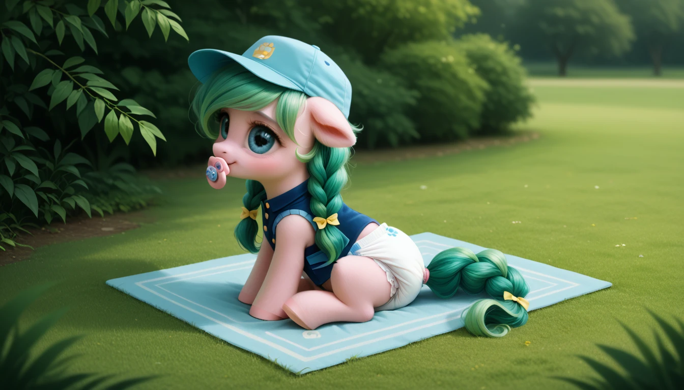 pony, бежевая земная pony, no horn, no wings, adult filly, lush mane braided, bushy tail, Blue eyes, sitting on a soft play mat, dressed in a vest, cap and booties, pacifier in mouth, solo, thick diaper under clothes.