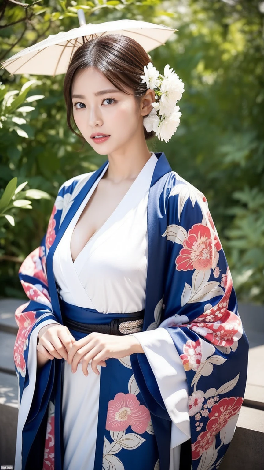 araffe dressed in a kimono and holding an umbrella, in kimono, in a kimono, Japanese Goddess, wearing kimono, kimono, Glamorous and sexy geisha, wearing a kimono, wearing kimono armor, japanese kimono, anime girl Cosplay, classic kimono, Organic Enchantress, Cosplay photo, onmyoji, wearing white silk robe, pale and coloured kimono, Cosplay, gorgeous young Korean women, beautiful south Korean women, Korean Girls, beautiful young Korean women, Korean women, Choi Hong-hwa, korean female fashion model, Sexy look, Large Breasts, Sexy pose, Show off your breasts, Grey Hair