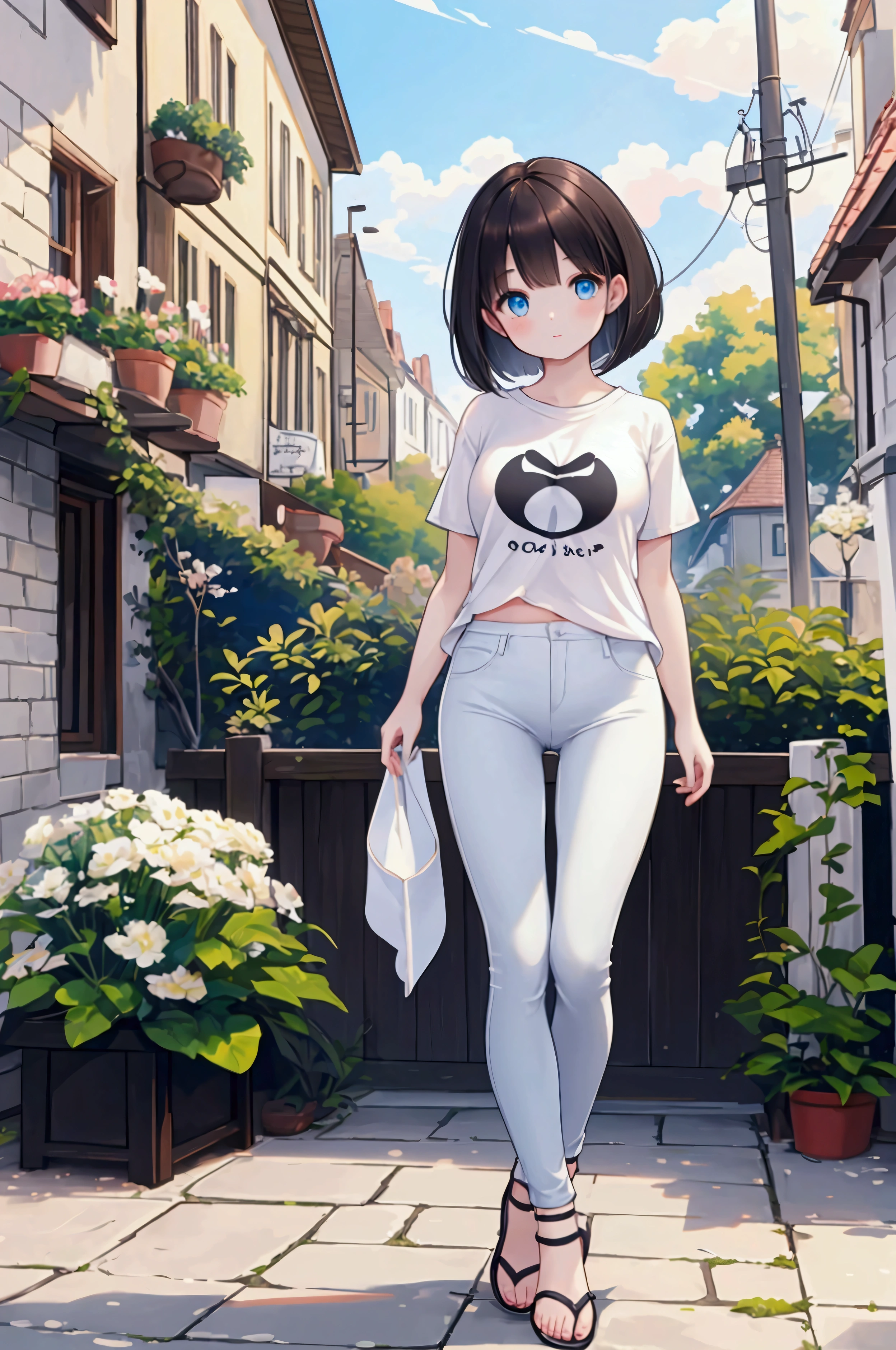 Photorealistic、Highest quality、Highest Resolution、Highest quality、16K、One beautiful woman、Cute face、Delicate face、looks fun、Bob cut hair、Dark Hair Color、Pale blue eyes、Beautiful breasts、T-Shirts、Tight skinny pants、Cute chunky sandals、Clear skies、Town、