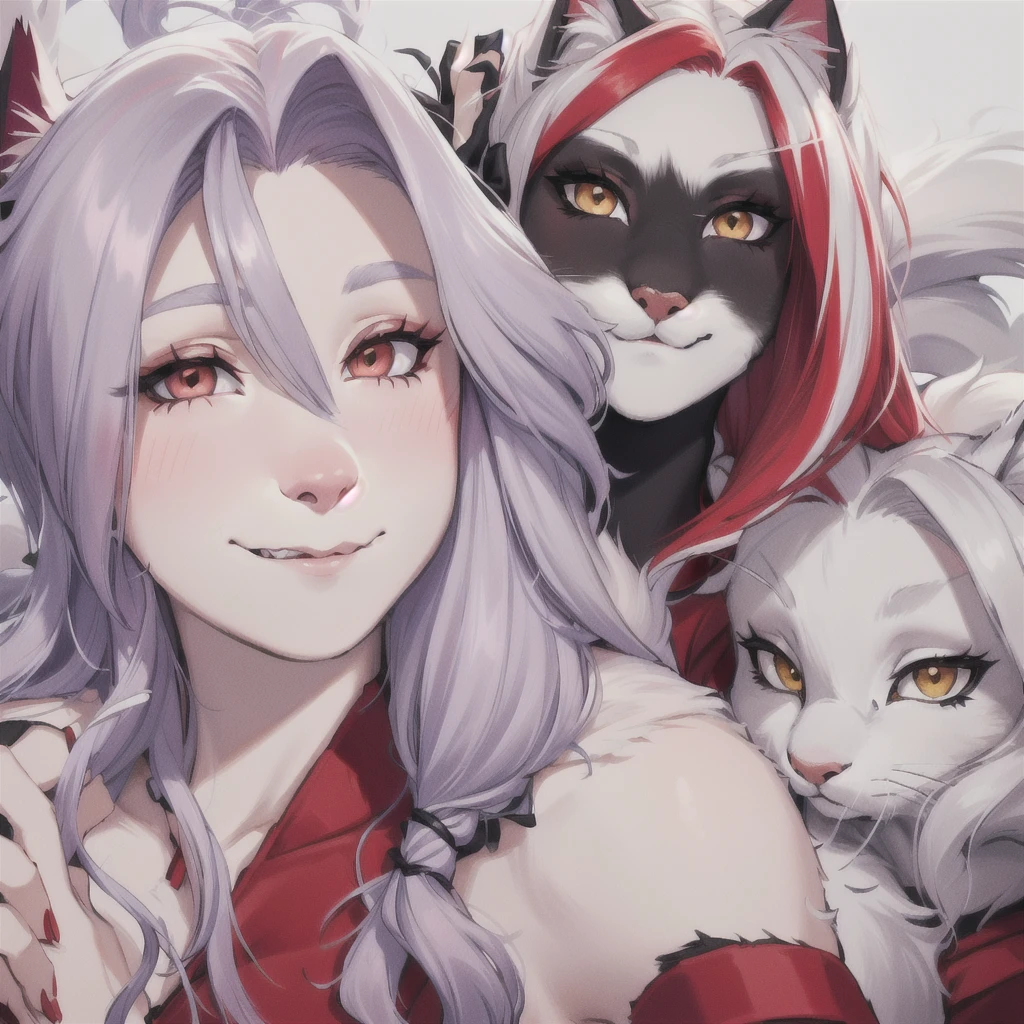 there are two cat women that are taking a selfie together, long red hair white streak hair, going gray, silver hair so long, two color hair, furry, furry art, cat face, anthropomorphic cats, she has red hair, taken in the early 2020s, with her long, long silver hair, with red hair, long hair ， full color, albino hair, #oc, # oc