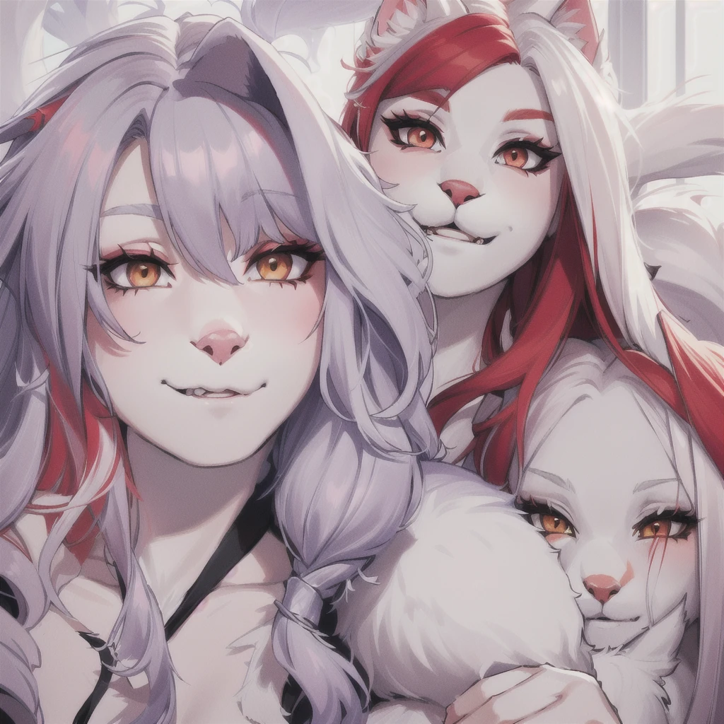 there are two cat women that are taking a selfie together, long red hair white streak hair, going gray, silver hair so long, two color hair, furry, furry art, cat face, anthropomorphic cats, she has red hair, taken in the early 2020s, with her long, long silver hair, with red hair, long hair ， full color, albino hair, #oc, # oc