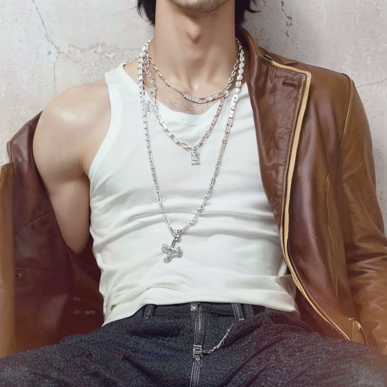 Arafed man wearing a white t-shirt and a brown jacket., neck chains, wearing chains, Cai Xu Kun, ad image, ((chains)), style of Hajime Isayama, using a string, lee wonbin, chains, Hyung Tae, Hajime Isayama, Jinyoung Shin, Jung Jaehyun, [ realistic photo ]!!, Leaked image