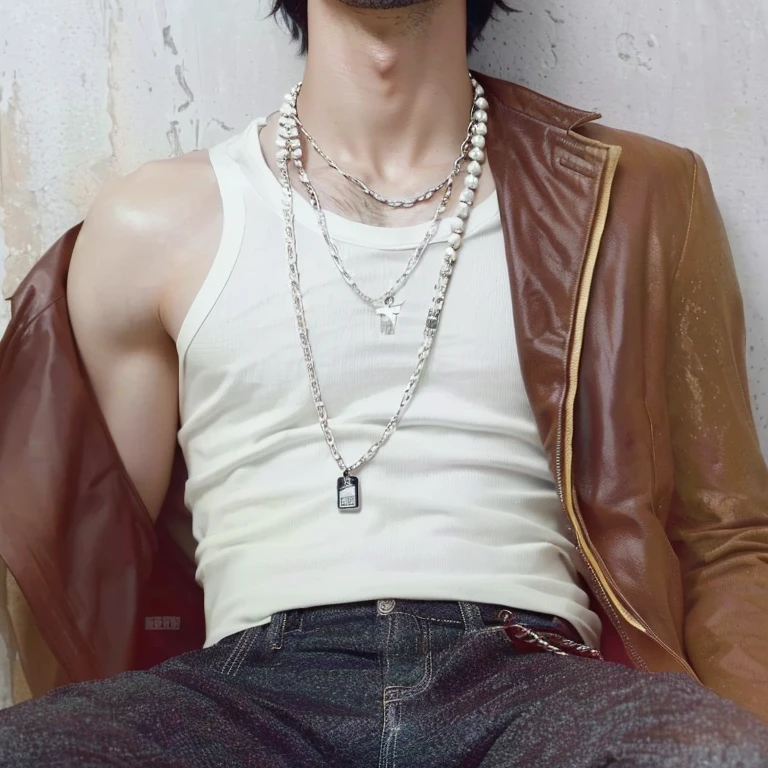 Arafed man wearing a white t-shirt and a brown jacket., neck chains, wearing chains, Cai Xu Kun, ad image, ((chains)), style of Hajime Isayama, using a string, lee wonbin, chains, Hyung Tae, Hajime Isayama, Jinyoung Shin, Jung Jaehyun, [ realistic photo ]!!, Leaked image
