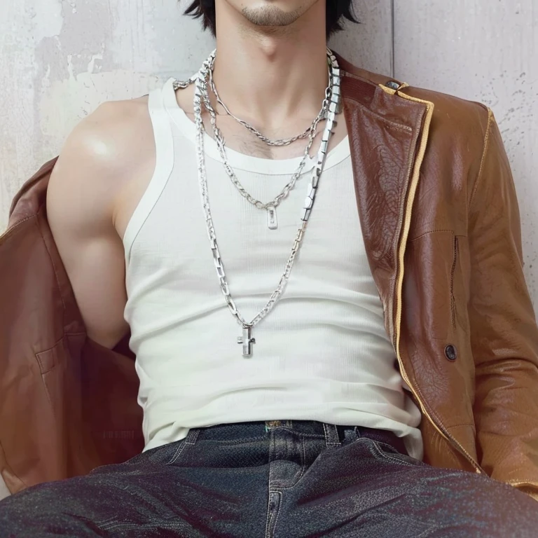 Arafed man wearing a white t-shirt and a brown jacket., neck chains, wearing chains, Cai Xu Kun, ad image, ((chains)), style of Hajime Isayama, using a string, lee wonbin, chains, Hyung Tae, Hajime Isayama, Jinyoung Shin, Jung Jaehyun, [ realistic photo ]!!, Leaked image