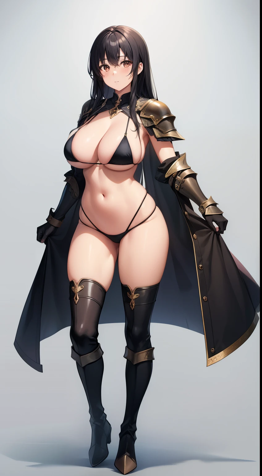 human girl adult woman, very tall with long black hair, long legs, big breasts, brown eyes, bikini armor, high boots, 8k, hd, masterpiece, full body, white background