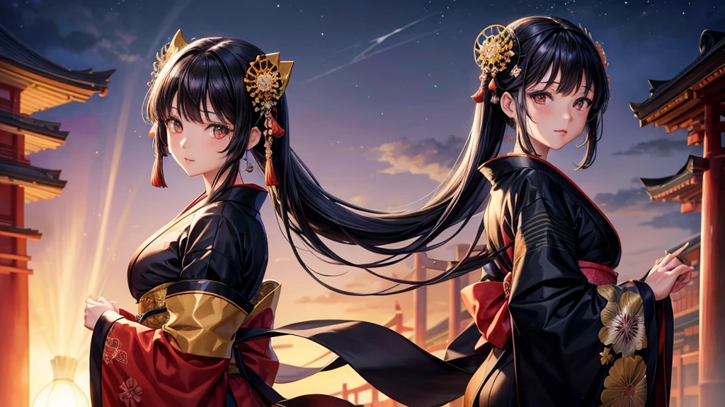 One girl, Black Hair, Brown eyes, Wearing a beautiful Japanese kimono, Mount Horai Kaguya,hair ornaments, hair 花, Wide sleeves, Iris, bamboo, View your viewers, night, star (null), Ruffle sleeves, null, night null,night,High resolution, Super sharp, 8k, masterpiece