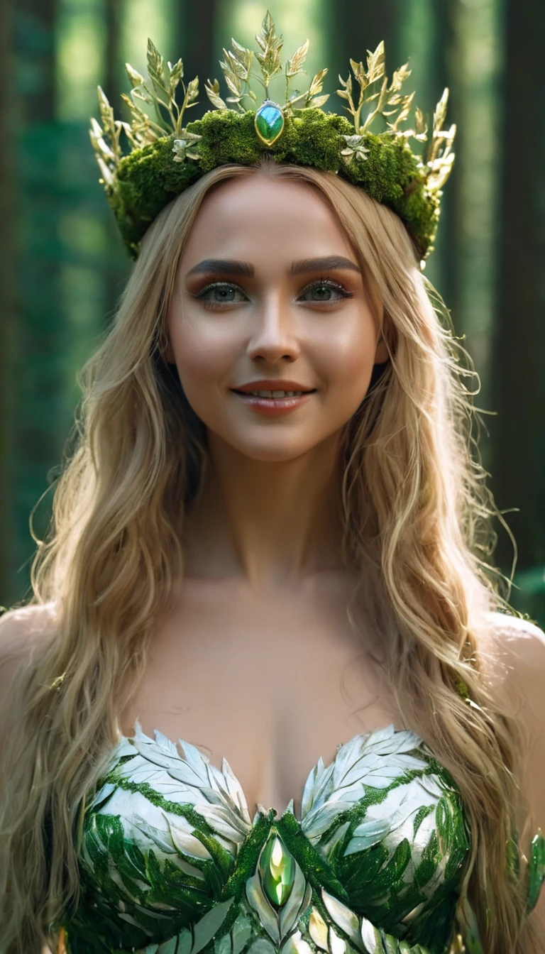 Close-up of the extremely beautiful girl's face, a divine face, the background is a bright forest. The girl is very beautiful, dressed as a forest goddess, with bright, holy, smiling eyes, fair skin, high-end makeup, golden hair, wearing a platinum crown. Cinematic light, high detail, 8k, artstation, conceptual art, dark fantasy. Photo taken with Canon EOS R5 85mm f/11 camera, ((sharp)) mode of people and surrounding scenery. Image quality ((8K)), ((realistic)), ((masterpiece)), ((sharpest and highest contrast)), ((excellent depth of field)), ((stereoscopic light)). ((The sun illuminates the girl's face, highlighting the stunning beauty of a forest goddess)), (((close-up photo of the girl's face)))
