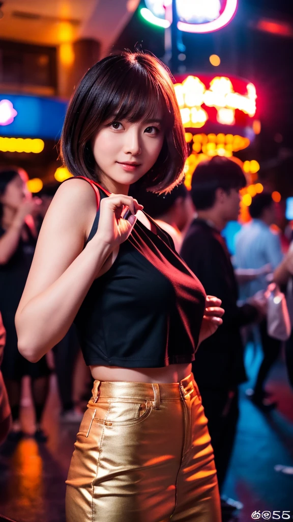 (best quality,4k,highres),Godzilla flirting with a shy Japanese woman,short hair,flirty Japanese girl,club outfit,giga ,busy night club,dynamic lighting,vibrant colors,bokeh,exciting atmosphere,unique encounter,playful interaction,lively crowd
