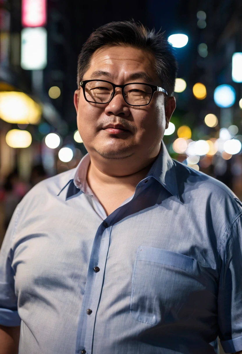 Man, Asian, 50 years old, Fat, Chubby, wearing glasses, wearing a shirt unbutton, Unbutton, on street, city, night time, sharp image, beautiful lighting.