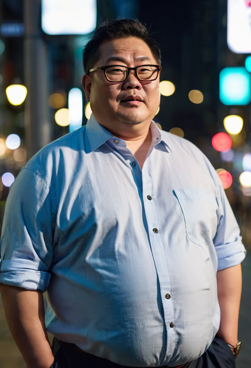 Man, Asian, 50 years old, Fat, Chubby, wearing glasses, wearing a shirt unbutton, Unbutton, on street, city, night time, sharp image, beautiful lighting.