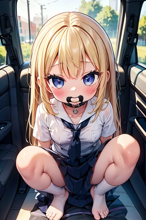 One person、、、smile、human、6 year old g Hair、Tying up hair、Blonde、With bangs、small、1st grade elementt、black eye、cute、Are thin、Very small breasts、身長のsmall、体のsmall、Short legs、School uniforms、(((In the car)))、Luxury vehicles、Bare Skin、Show the whole body、 ((Ball gag))、