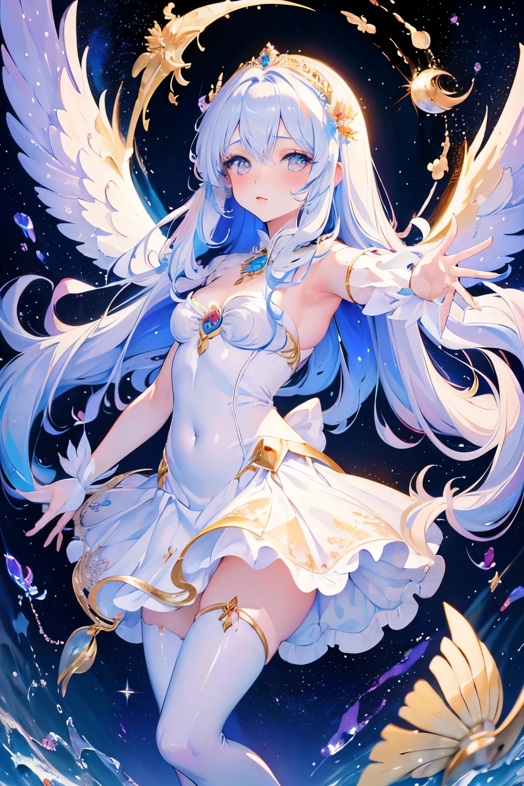 A risqué silver-winged princess dancing on the moon