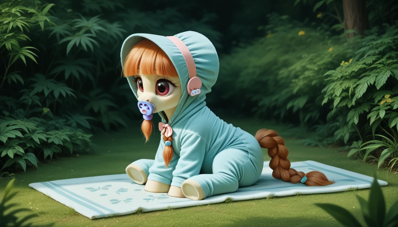 pony, beige earth pony, no horn, no wings, adult filly, lush mane braided into a braid, lush tail, sitting on a soft play mat, dressed in an onesie, bonnet and booties, pacifier in the mouth, solo, thick diaper under clothes.