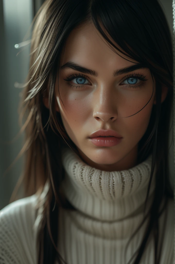 16 years old Megan Fox, ultra-detailed Nordic eyes, bangs, knit sweater, (((masterpiece, ultra-detailed face))).