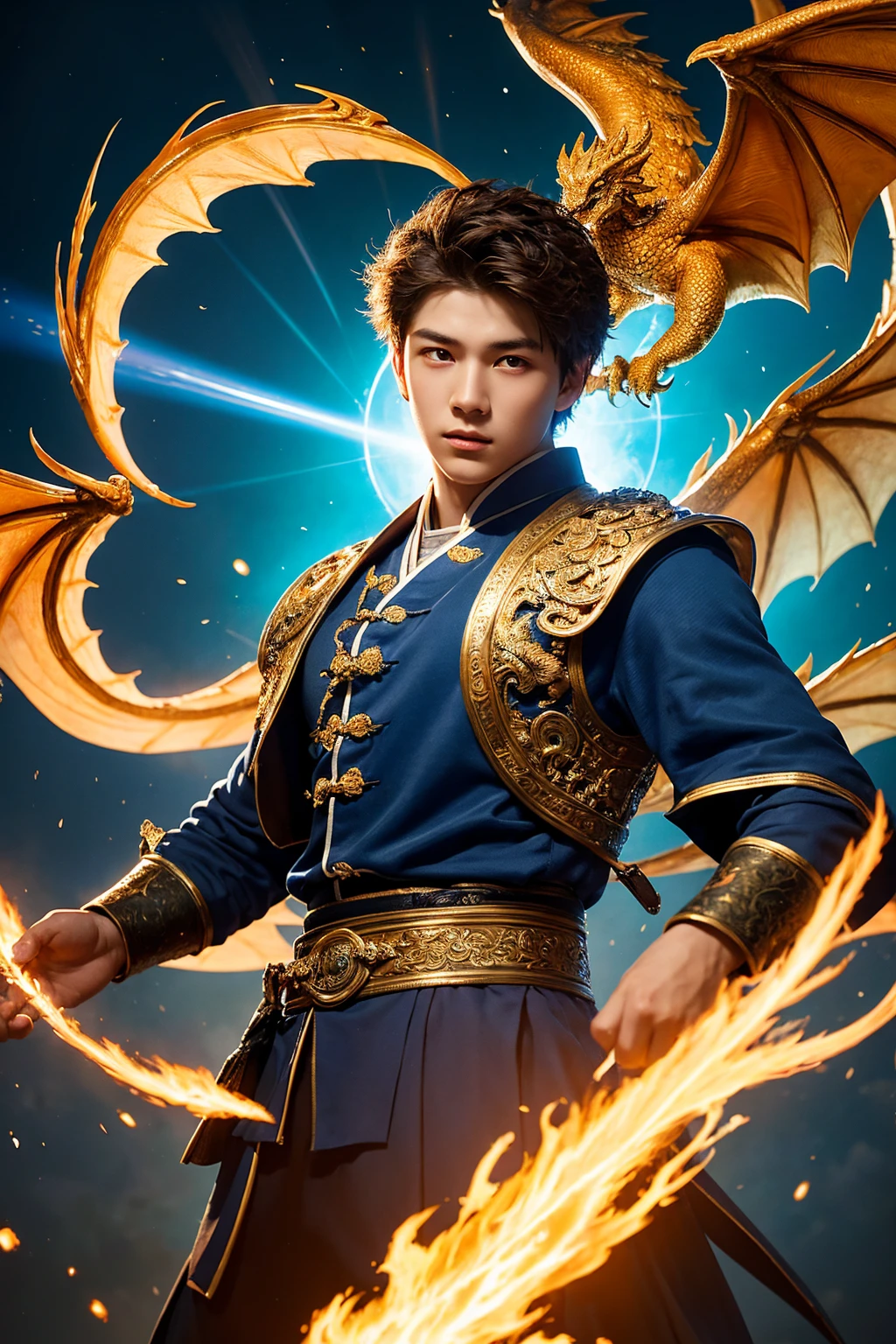 It is an elaborate and intricate fantasy portrait that depicts a robust and determined -year-old with aura, a huge bright blue light behind him, Bright brown hair, dragons and phoenix flying, golden light, Chinese martial arts style.