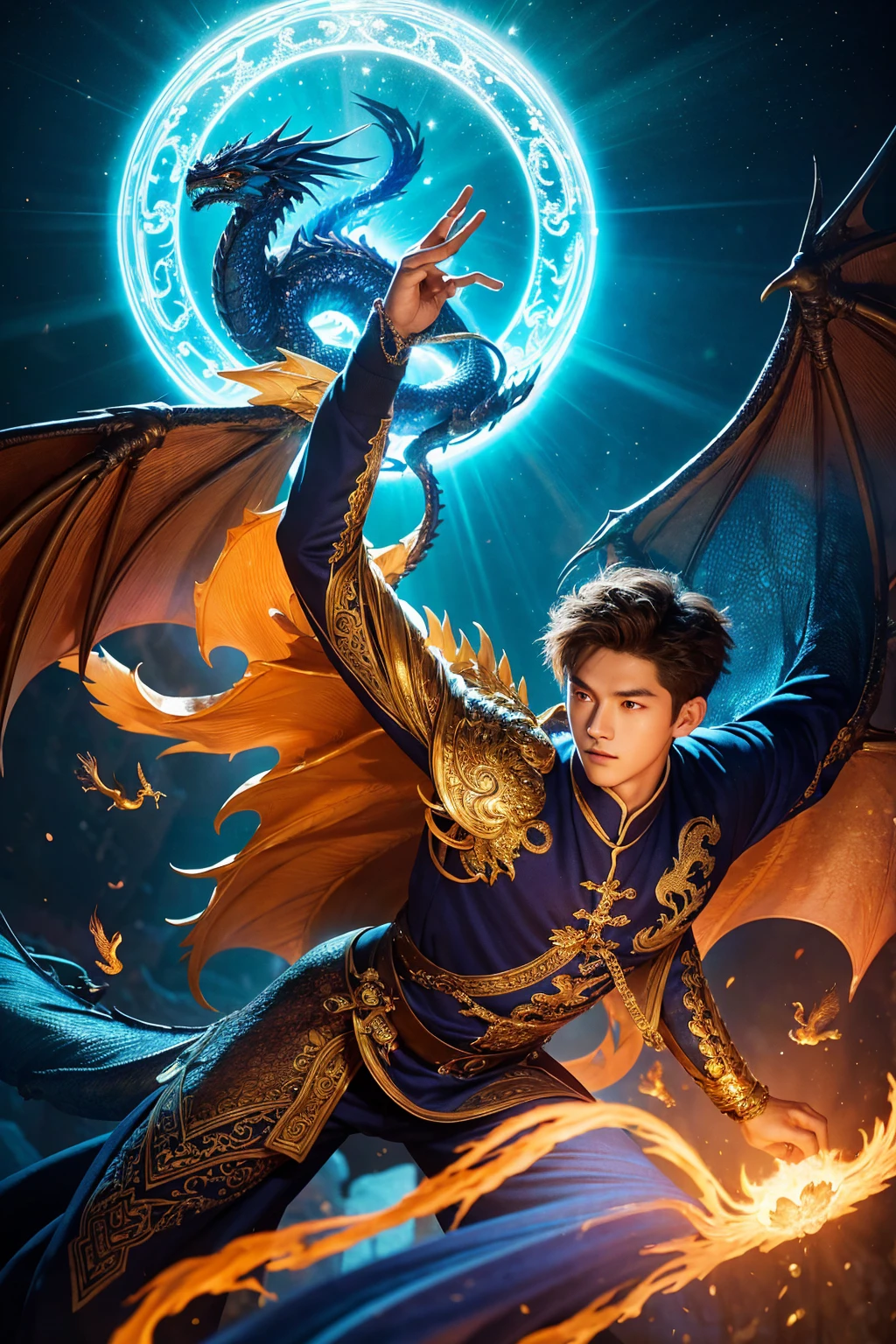 It is an elaborate and intricate fantasy portrait that depicts a robust and determined seventeen-year-old man with an aura, a huge bright blue light behind him, Bright brown hair, dragons and phoenix flying, golden light, Chinese martial arts style.