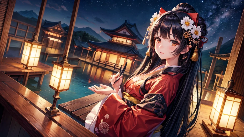 One girl, Black Hair, Brown eyes, Wearing a beautiful Japanese kimono, Mount Horai Kaguya,hair ornaments, hair 花, Wide sleeves, bamboo, View your viewers, night, star (null), Ruffle sleeves, null, night null,night,High resolution, Super sharp, 8k, masterpiece