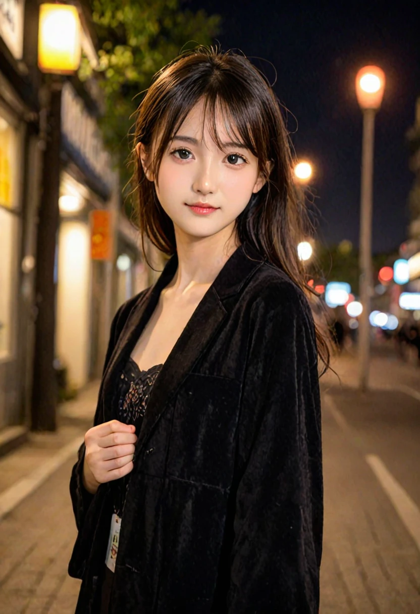 score_9, score_8_up, score_7_up, 1girl, japanese girl, cute, kawaii, beautiful face, perfect face, perfect body, light smile, girl wearing black formal wear, jacket, detailed eyes, shiny skin, waking, looking at viewer, small breasts, skinny, from behind, depth of field, simple background, tokyo street, outdoors, night, night sky, jpn-girl, extremely detailed, professional lighting