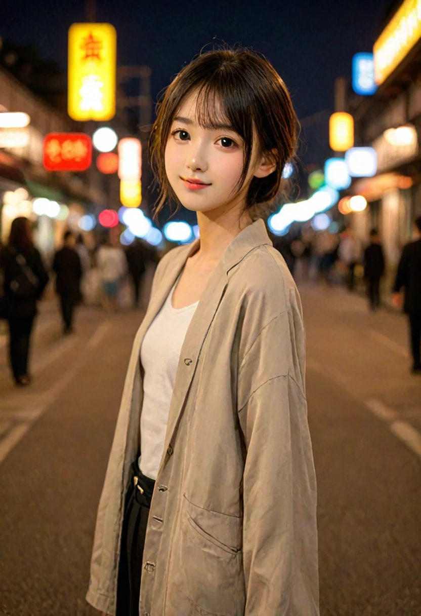 score_9, score_8_up, score_7_up, 1girl, japanese girl, cute, kawaii, beautiful face, perfect face, perfect body, light smile, girl wearing formal suits, detailed eyes, shiny skin, waking, looking at viewer, small breasts, skinny, from behind, depth of field, simple background, tokyo street, outdoors, night, night sky, jpn-girl, extremely detailed, professional lighting