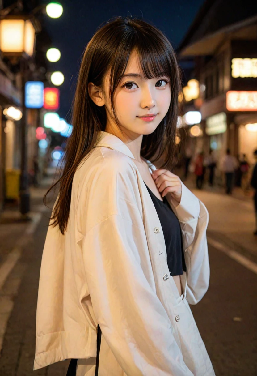 score_9, score_8_up, score_7_up, 1girl, japanese girl, cute, kawaii, beautiful face, perfect face, perfect body, light smile, girl wearing formal suits, detailed eyes, shiny skin, waking, looking at viewer, small breasts, skinny, from behind, depth of field, simple background, tokyo street, outdoors, night, night sky, jpn-girl, extremely detailed, professional lighting