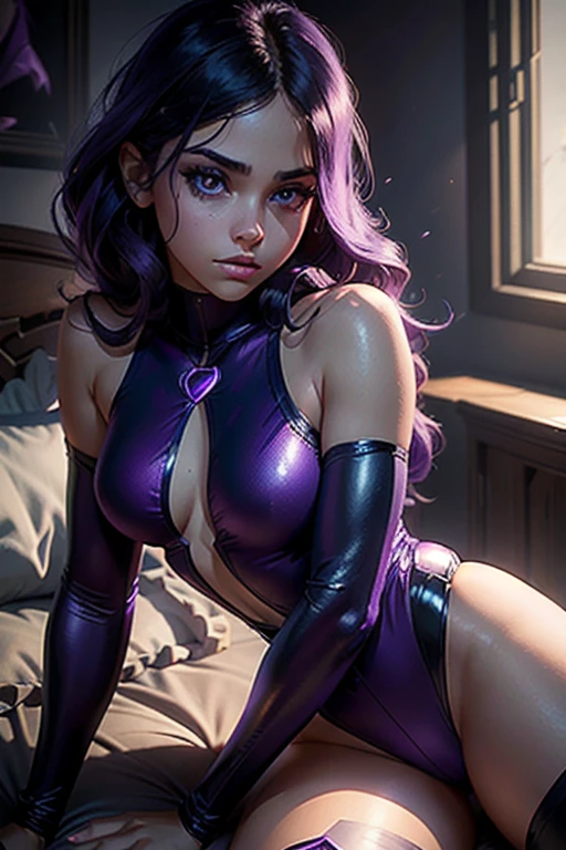 a  girl in a dark purple leotard, detailed face, beautiful eyes and lips, long eyelashes, lying in bed, Teen Titans Go art style, cinematic lighting, hyper detailed, 8k, photorealistic, intricate details, moody atmosphere, dramatic shadows