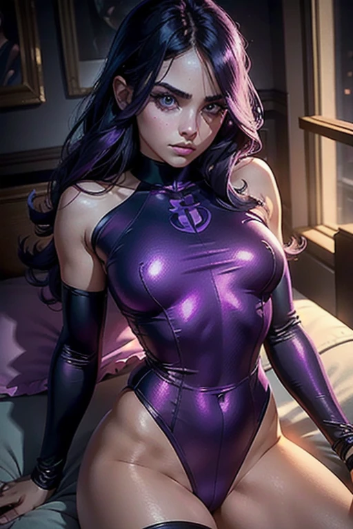 a  girl in a dark purple leotard, detailed face, beautiful eyes and lips, long eyelashes, lying in bed, Teen Titans Go art style, cinematic lighting, hyper detailed, 8k, photorealistic, intricate details, moody atmosphere, dramatic shadows