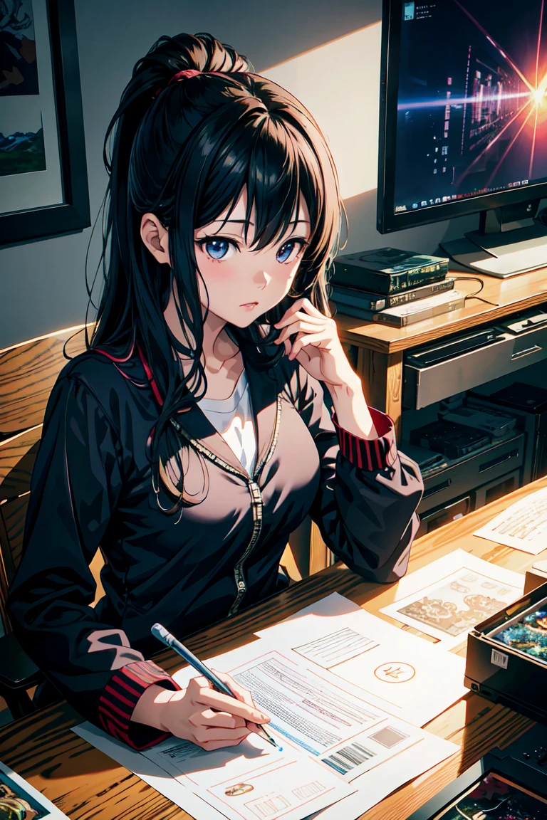 Close-up of a person sitting at a desk with a television, Smooth anime CG art, Anime very detailed, ( Highly detailed figures ), 8K high quality, detailed art, High quality and detailed animation, | Anime with attention to detail, Realistic Anime 3D Style, Hiro Yamagata, Eat and drink, Beautiful and detailed anime art, Half Yamada, Highly detailed official artwork