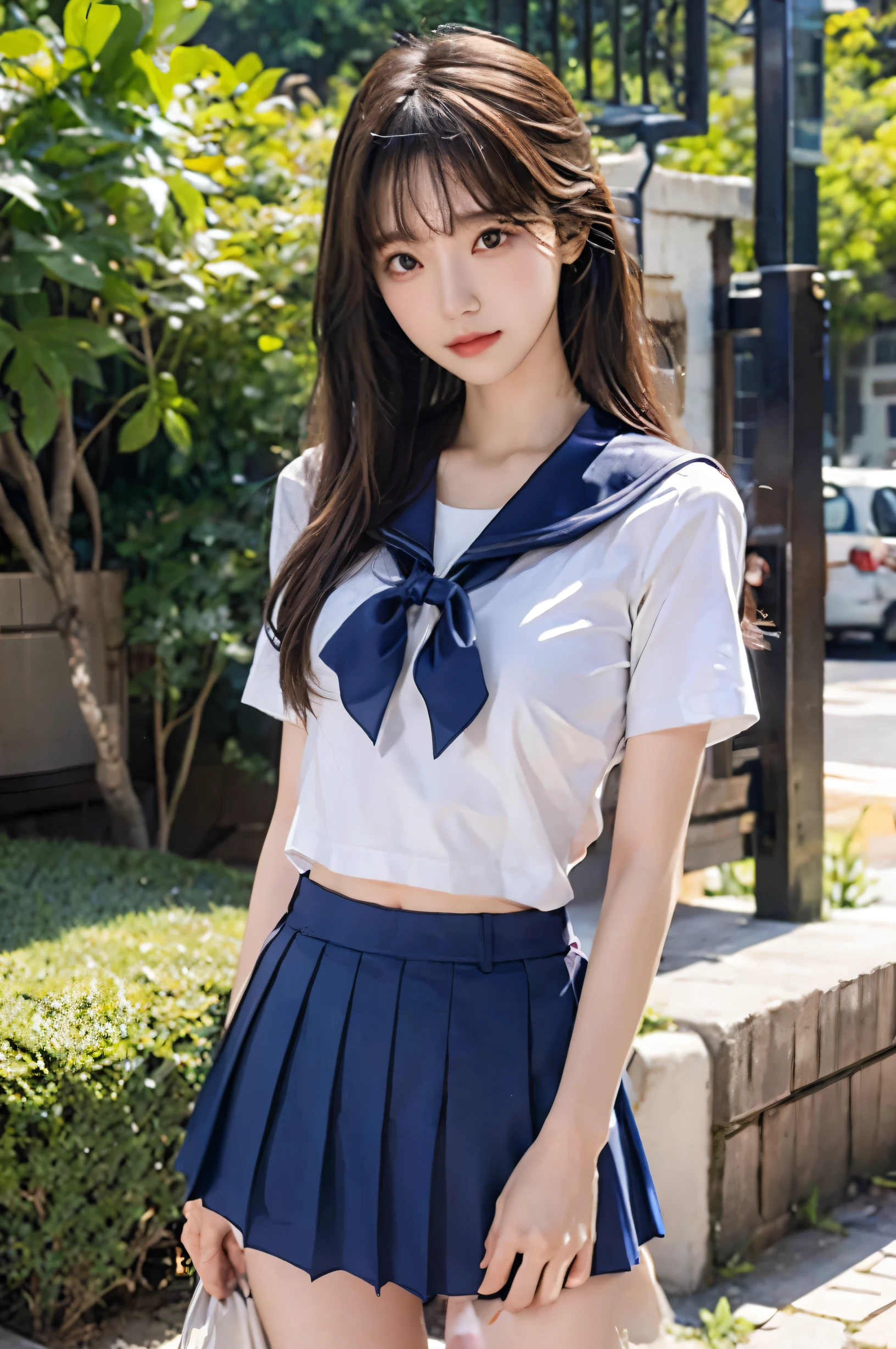 (Ultra HD), (Short-sleeved sailor uniform, Navy blue mini skirt), Big Breasts, slender, whole body, Standing posture, (Clean and shiny skin, Whitening, No makeup), (Super slim face, Super beautiful face), (semi-long, Layered Cut, Fluffy hair), (double eyelid, Slanted Eyes), Small Nose, Thin lips, Thin legs, school gate