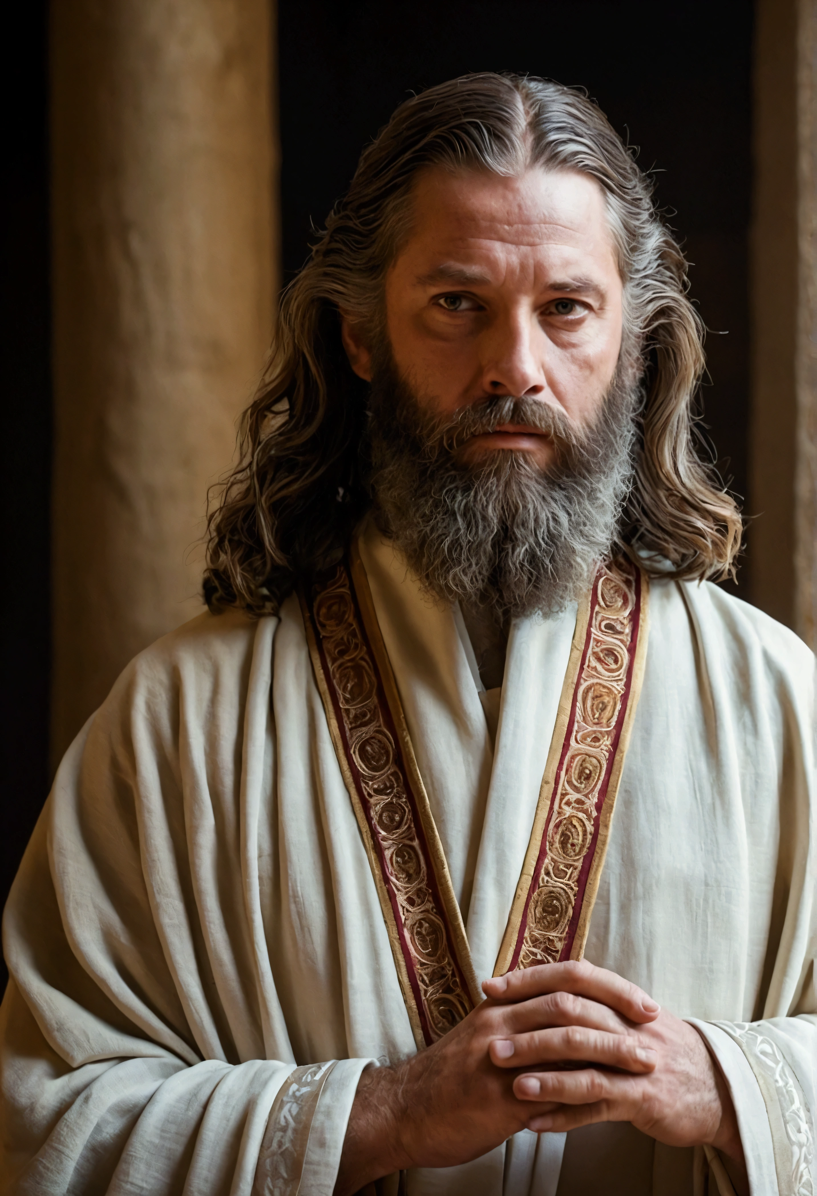 Photograph of a man with a beard, long hair, priestly robes and a linen ephod, biblical representation