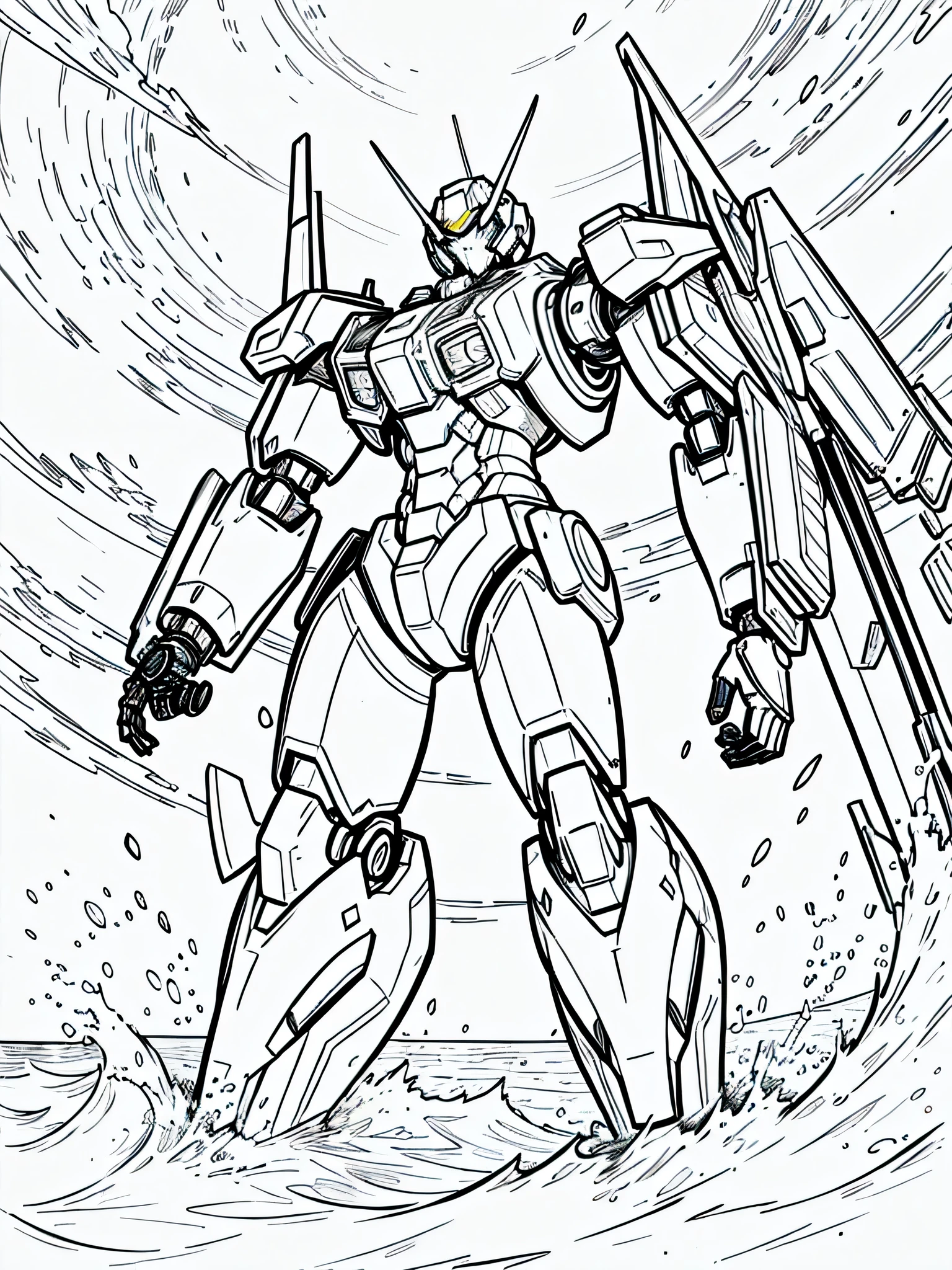 masterpiece, Best Quality, a mecha in the sea, closeup Line art, monochrome, clean lines, black and white, his summer, coloring book page,  