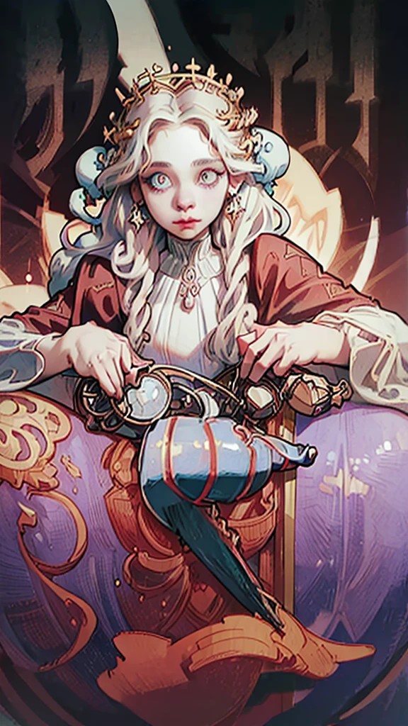 Portrait of one beautiful albino woman with detailed braided medieval hairstyle (white hair) , wearing detailed medieval gown (red and black colours), with gold accessories and gold crown, medieval queen, medieval woman,queen,game of thrones style,daenerys targaryen style, high quality, very detailed,hd quality, masterpiece,(purple eye colour)