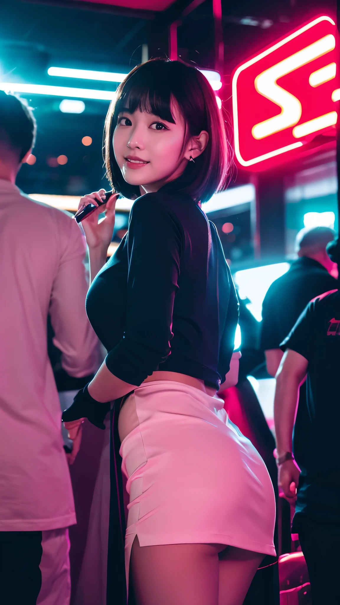 (best quality,4k,highres),Godzilla flirting with a shy Japanese woman,short hair,flirty Japanese girl,club outfit,giga ,busy night club,dynamic lighting,vibrant colors,bokeh,exciting atmosphere,unique encounter,playful interaction,lively crowd