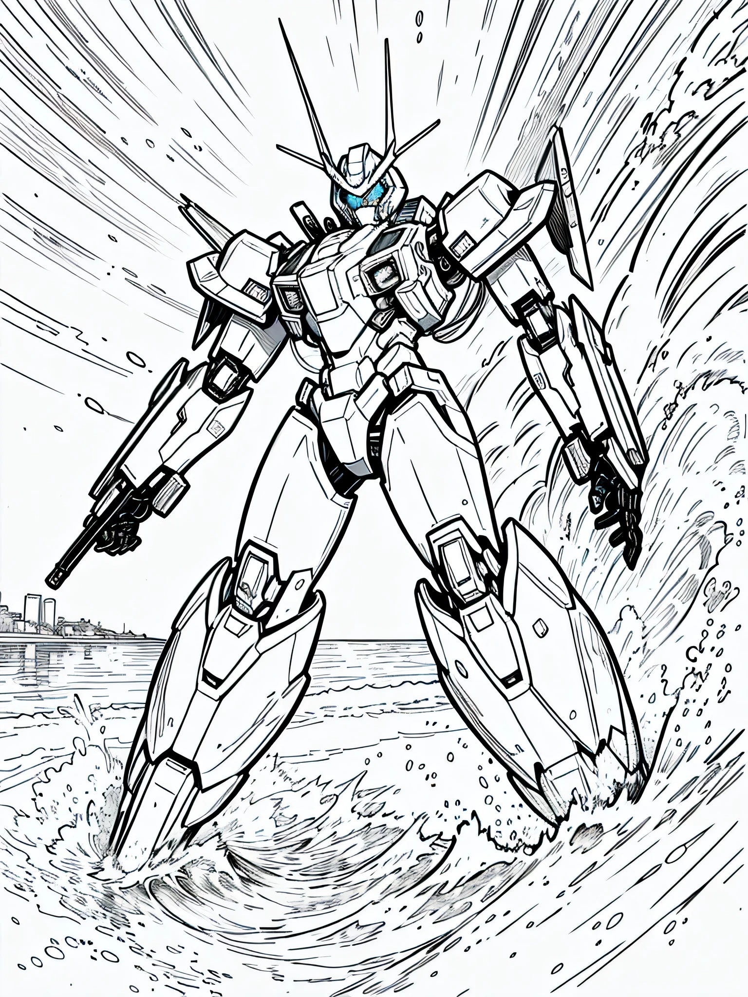 masterpiece, Best Quality, a mecha in the sea, closeup Line art, monochrome, clean lines, black and white, his summer, coloring book page,  